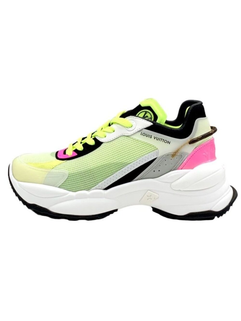 Louis Vuitton Run 55 Line Monogram Sneakers Shoes Fabric Neon Yellow Pink - Picture 3 of 10